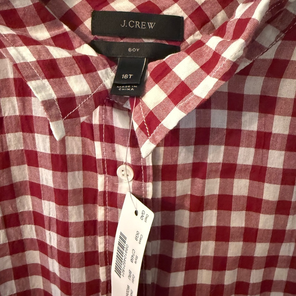 J CREW Women’s Red & White Gingham button down ‘boy’ shirt size 16T tall NWT